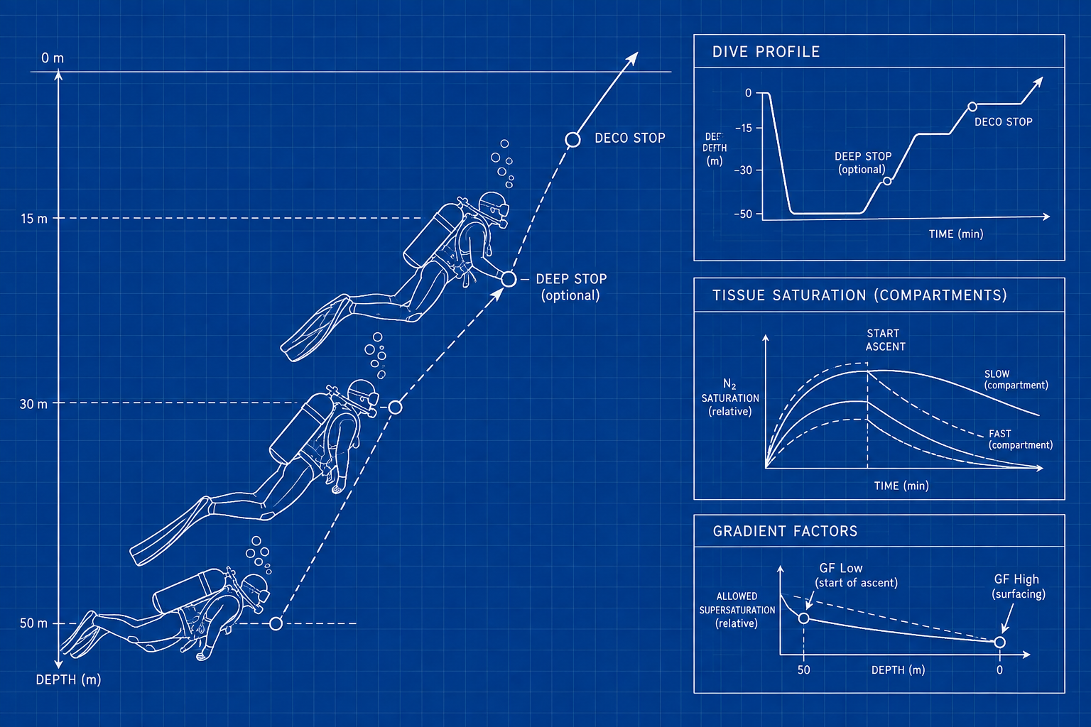 Schema su fondo blu: tre subacquei lungo la risalita da 50 a 0 metri con sosta profonda facoltativa e sosta di deco; accanto il profilo dell'immersione, la saturazione dei compartimenti veloci e lenti dopo l'inizio della risalita e la retta dei gradient factors dal GF Low fino al GF High in superficie.