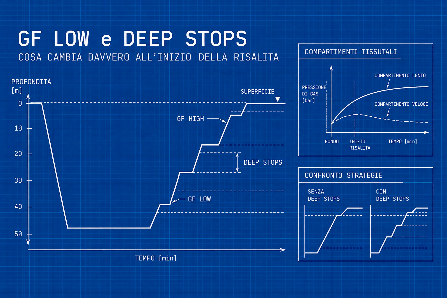 Schema su fondo blu: profilo di risalita da 50 metri alla superficie con GF Low all'inizio della risalita, deep stops intermedi e GF High in superficie; accanto i grafici dei compartimenti tissutali veloci e lenti e il confronto tra risalita con e senza deep stops.