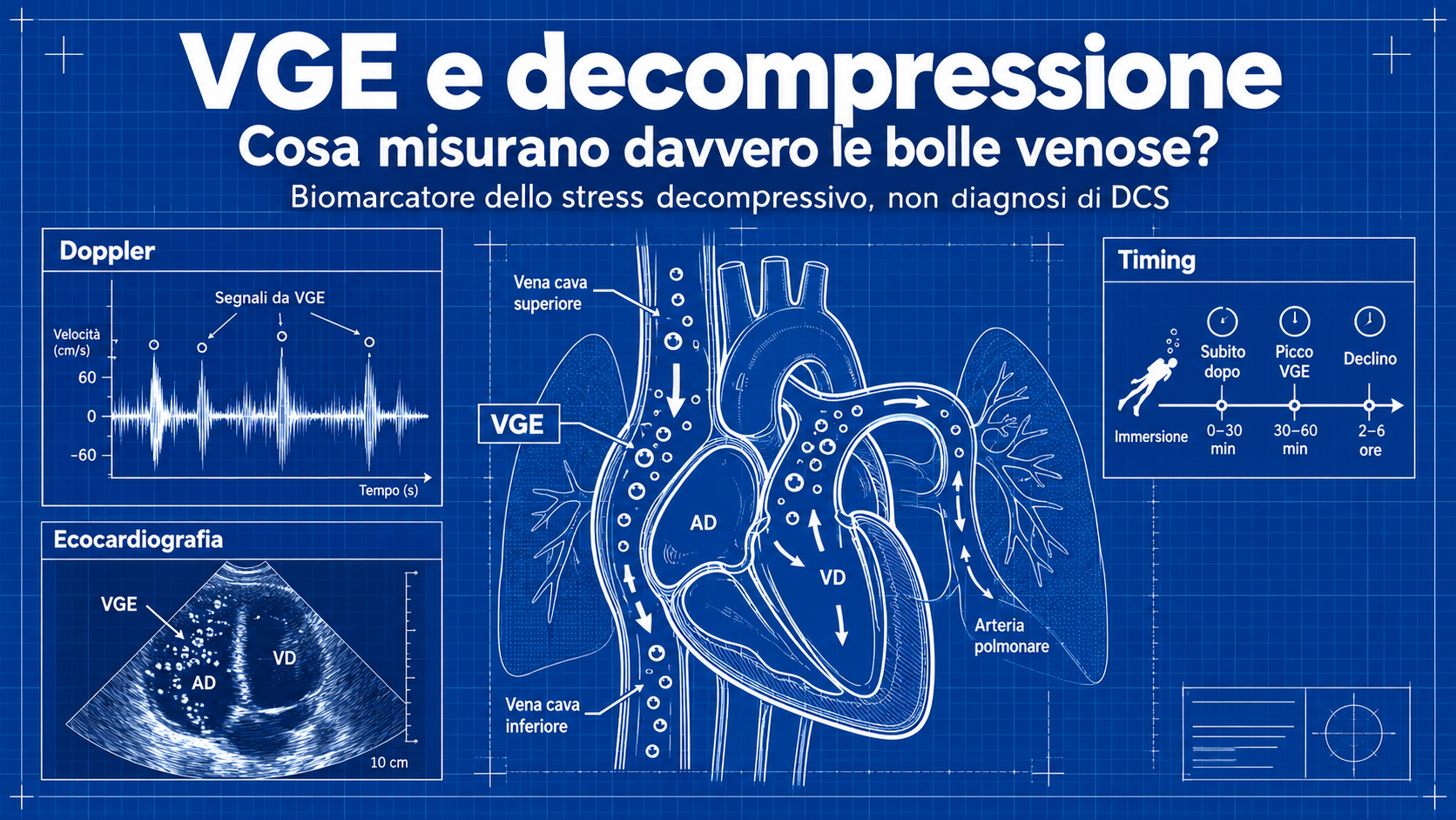 Schema tecnico su fondo blu: il rilevatore Doppler e l'ecocardiografia mostrano le bolle gassose venose (VGE) che, dal circolo venoso attraverso le vene cave, arrivano alle camere destre del cuore e da qui verso l'arteria polmonare; in basso la finestra di rilevazione: subito dopo l'immersione, picco tra 30 e 60 minuti, poi declino nelle due-sei ore successive.
